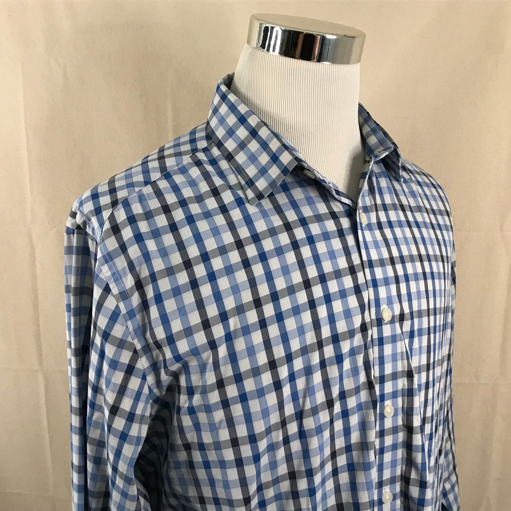 UNTUCKit XL Regular Fit Performance Button Front Shirt Blue Plaid Nylon Blend